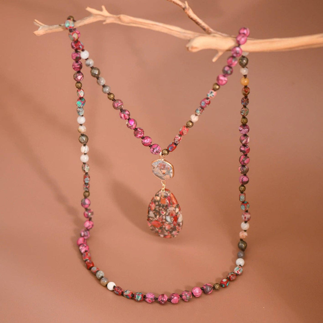 Stone Beaded Long Necklace, Large Stone Pendant - 7264