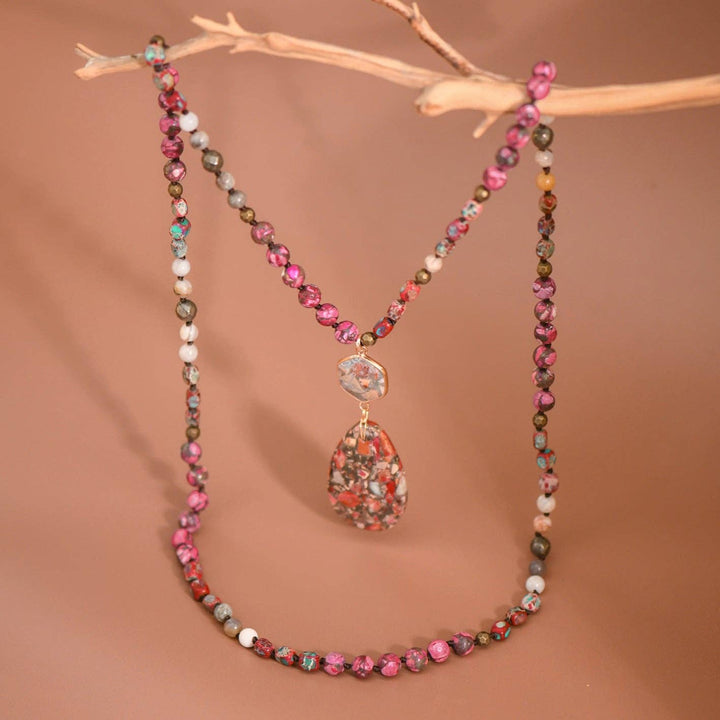 Stone Beaded Long Necklace, Large Stone Pendant - 7264