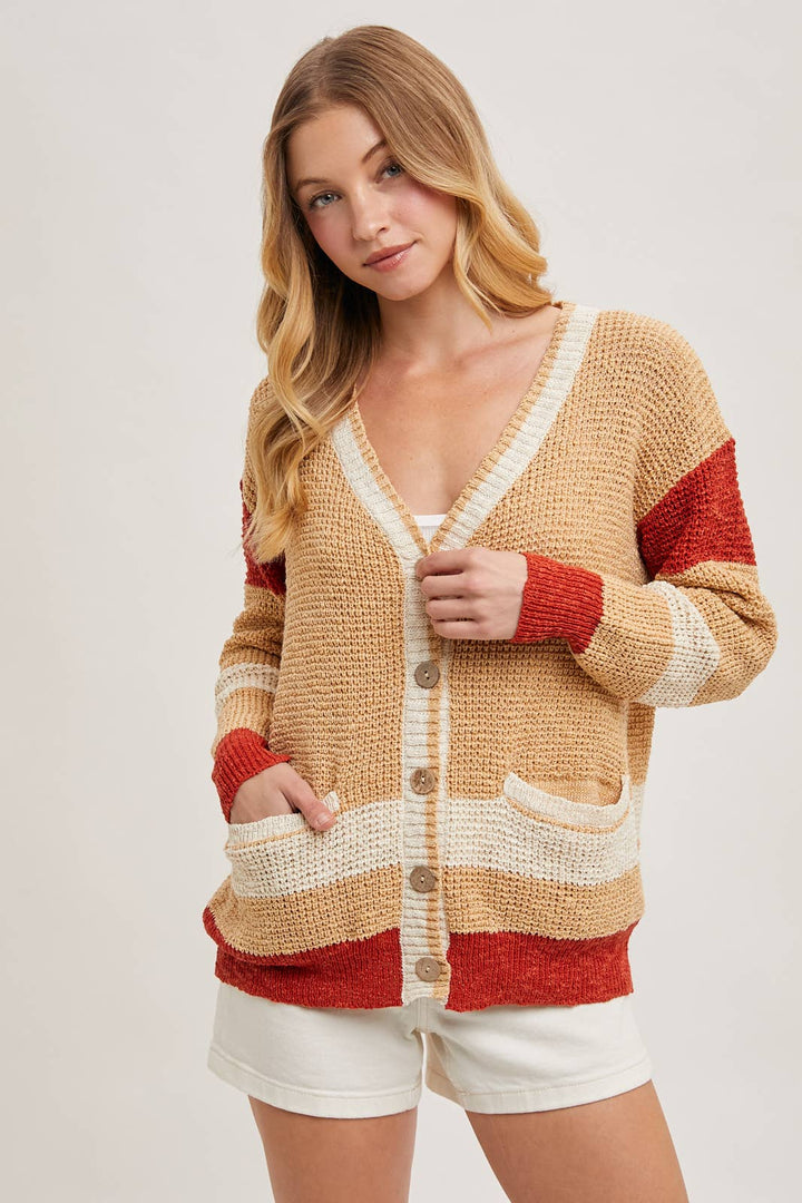 COLOR BLOCK BUTTON DOWN CARDIGAN