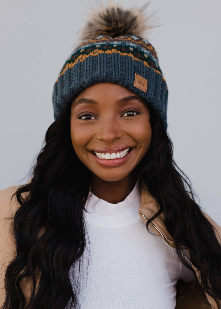 Dusty Blue & Multicolored Pom Hat