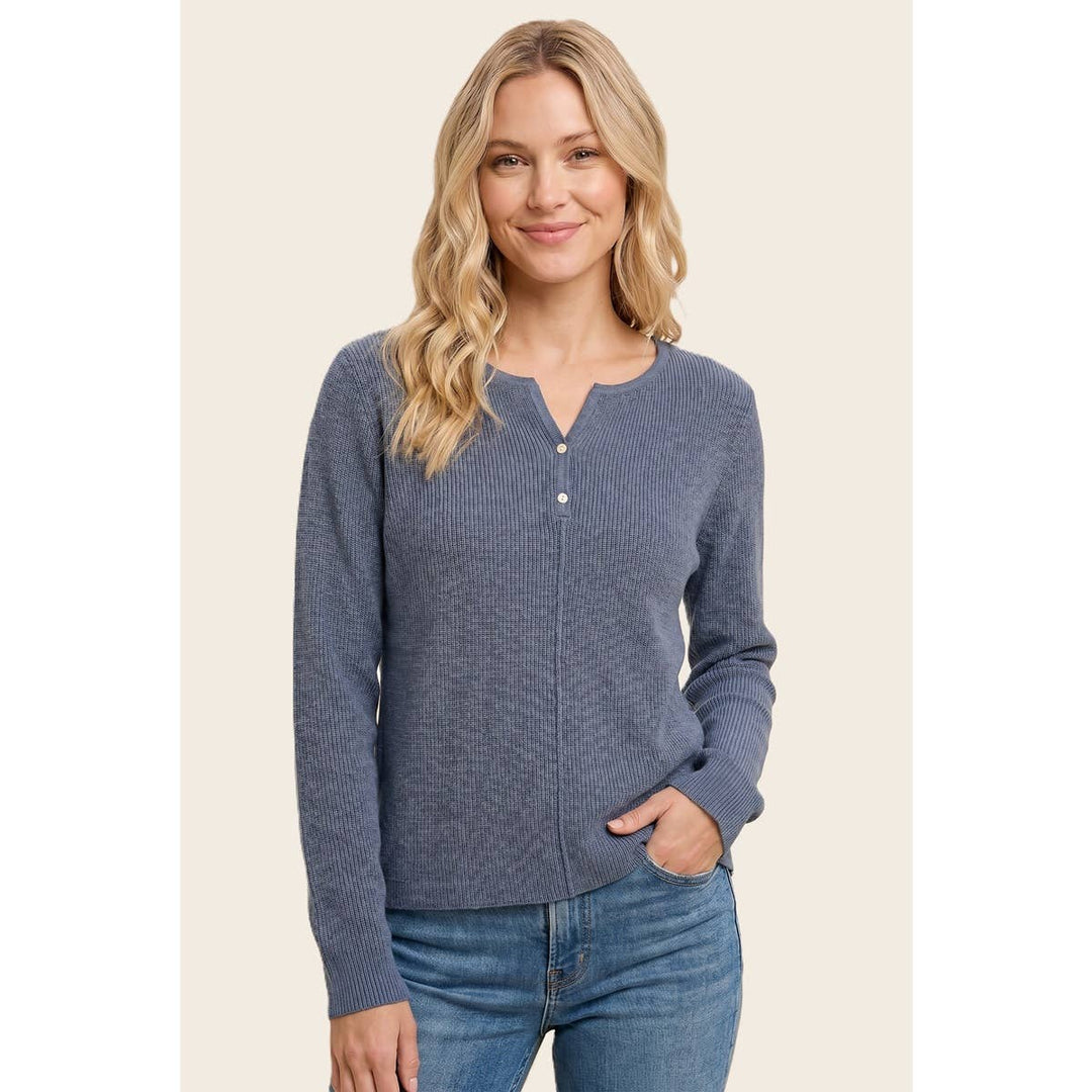 HENLEY BUTTON NECK RIBBED SWEATER