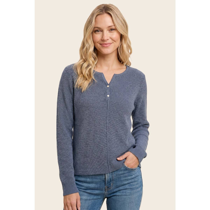 HENLEY BUTTON NECK RIBBED SWEATER