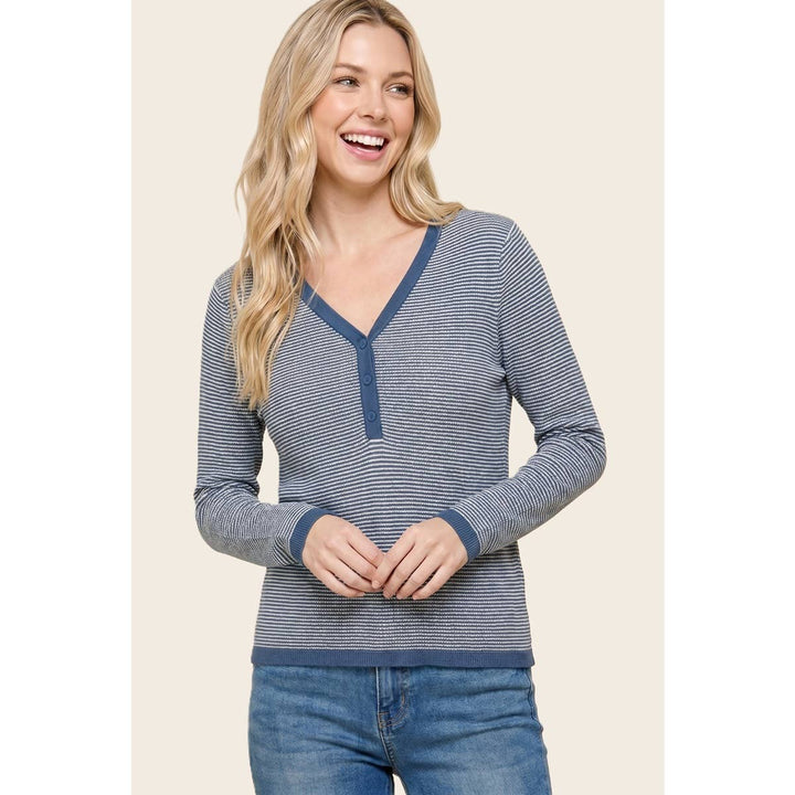 V NENLEY NECK MINI WAFFLE STRIPED TOP