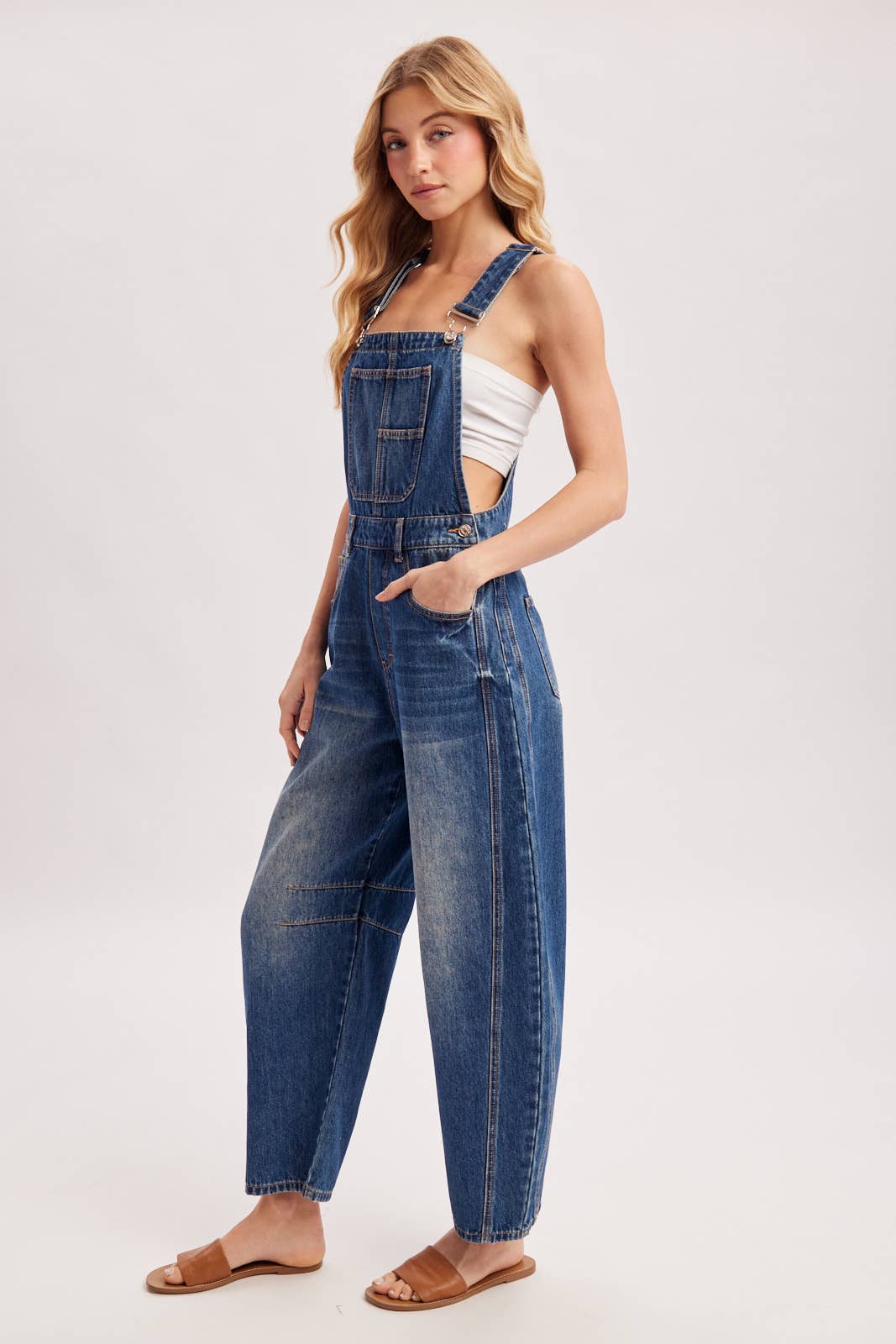 DENIM BARREL OVERALLS: DK.WASH / S