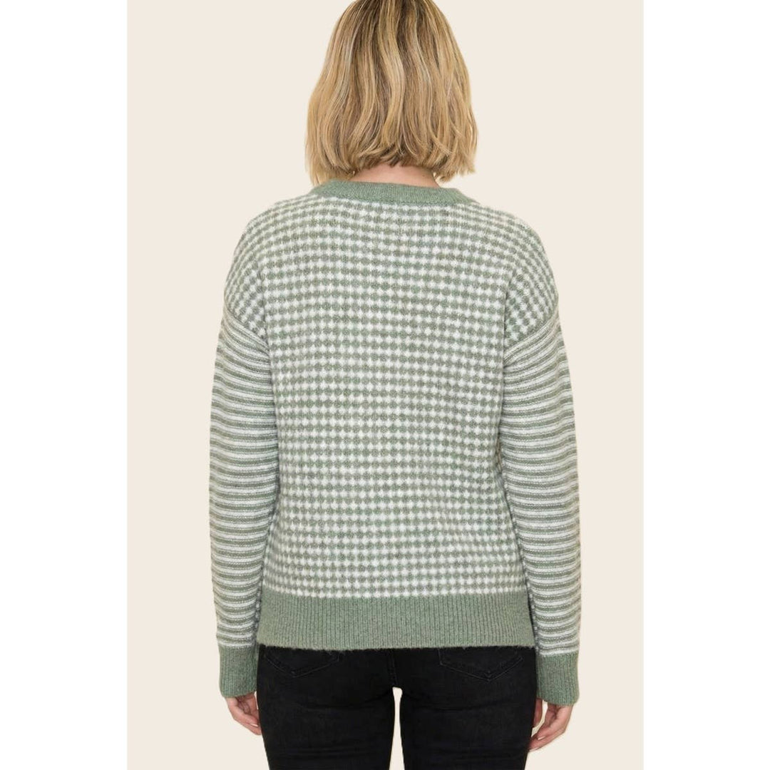 CHECKER BORAD AND STRIPE MIX MEDIA SWEATER