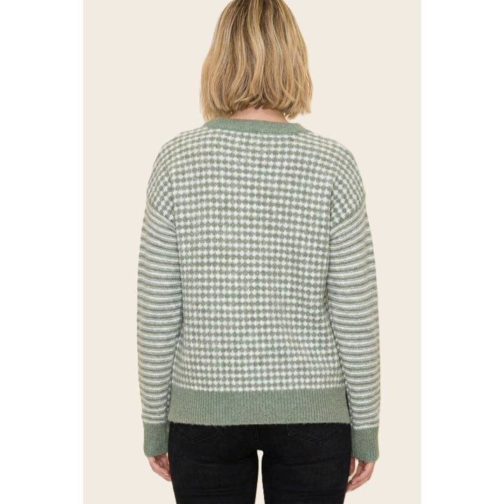 CHECKER BORAD AND STRIPE MIX MEDIA SWEATER
