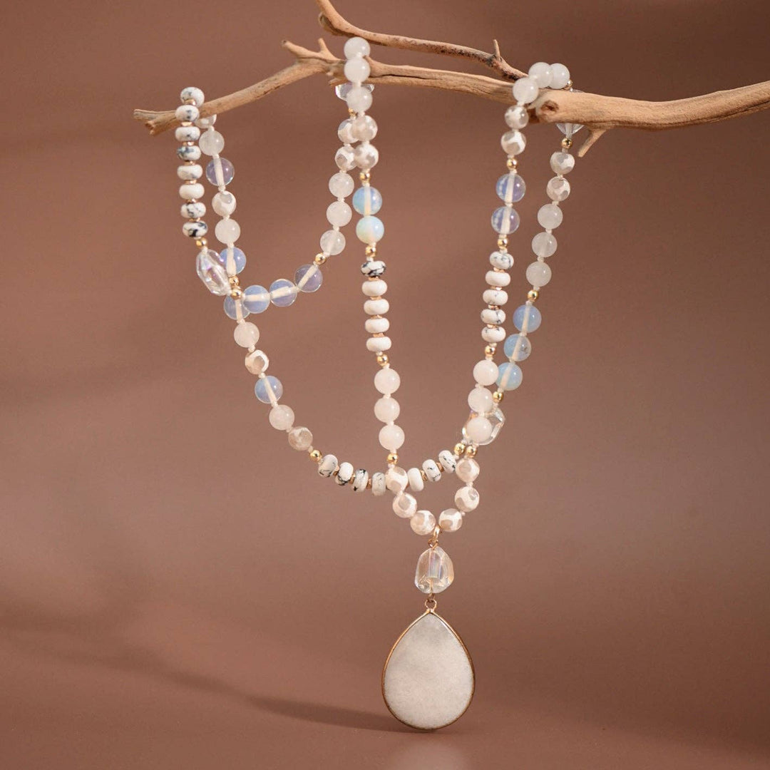 Stone Beaded Long Necklace, Large Stone Pendant - 7255
