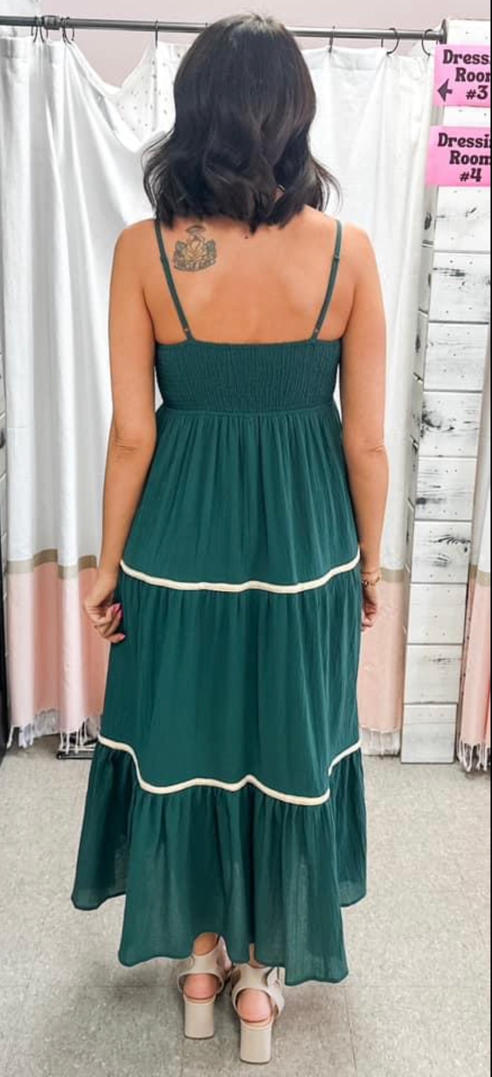 Deep Jade Smocked Maxi W/Natural Trim