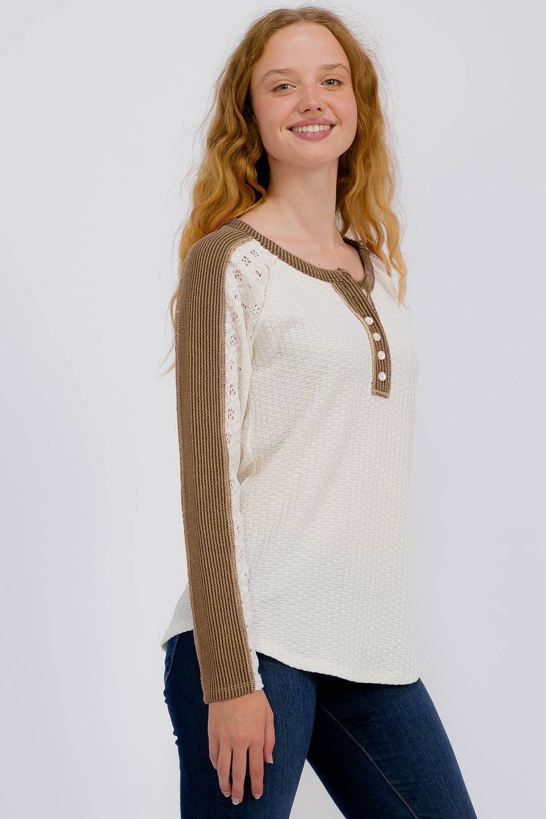 Waffle Knit Top With Eyelet Lace Sleeves