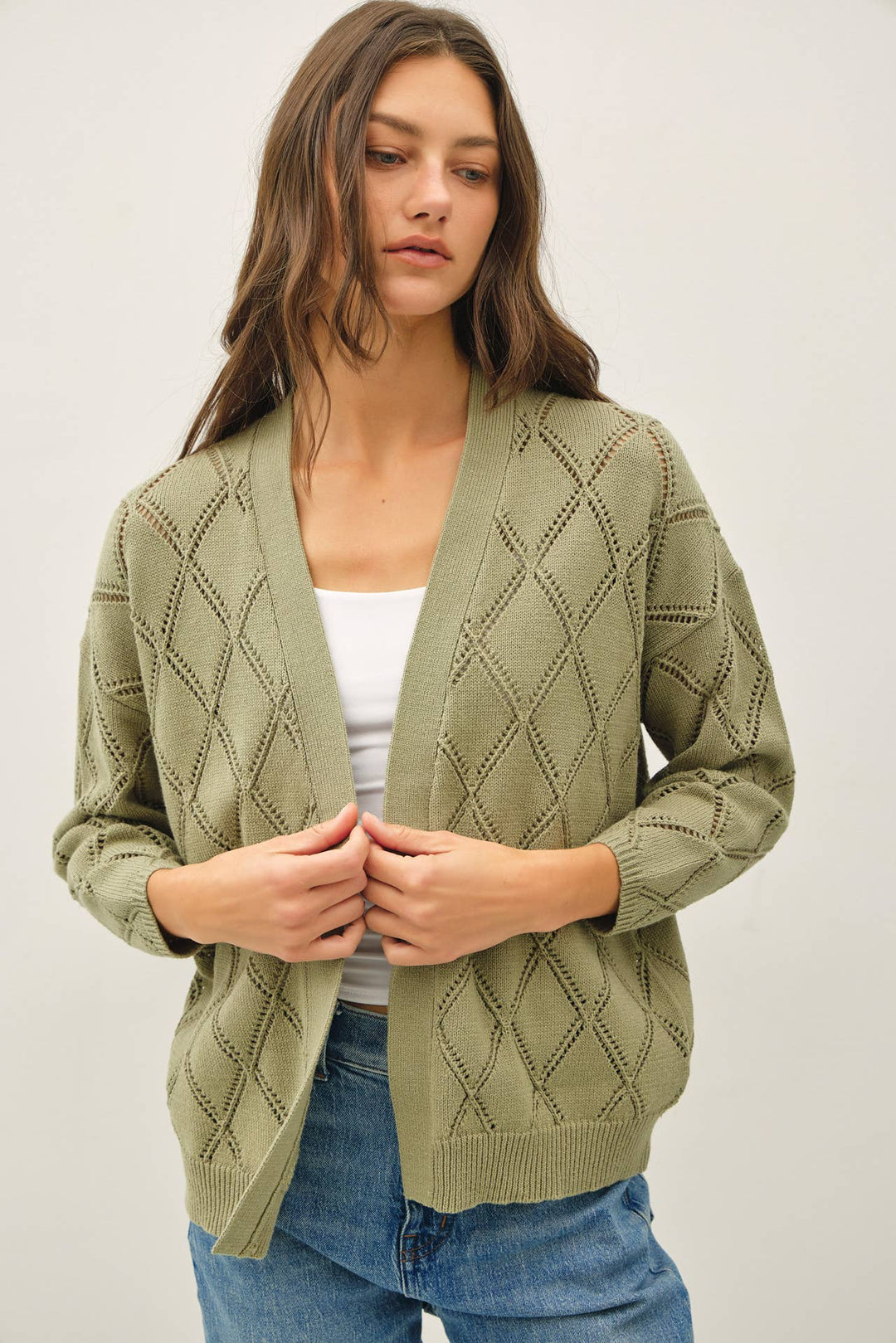 POINTELLE KNIT OPEN FRONT CARDIGAN