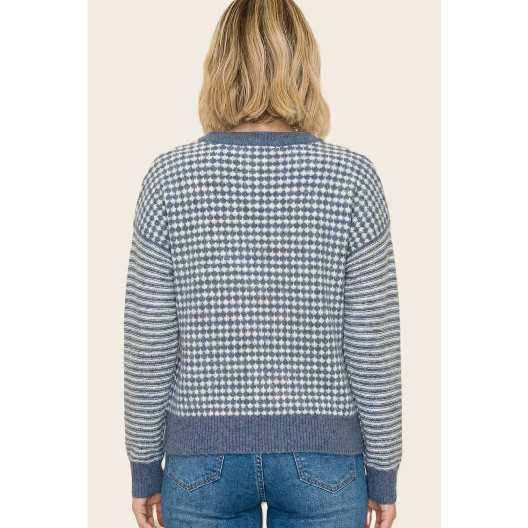 CHECKER BORAD AND STRIPE MIX MEDIA SWEATER