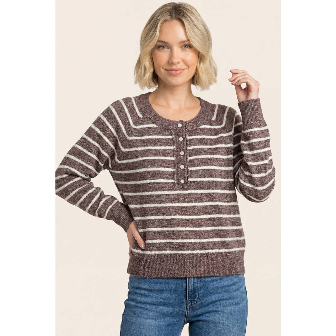 HALF BUTTON STRIPED SWEATER