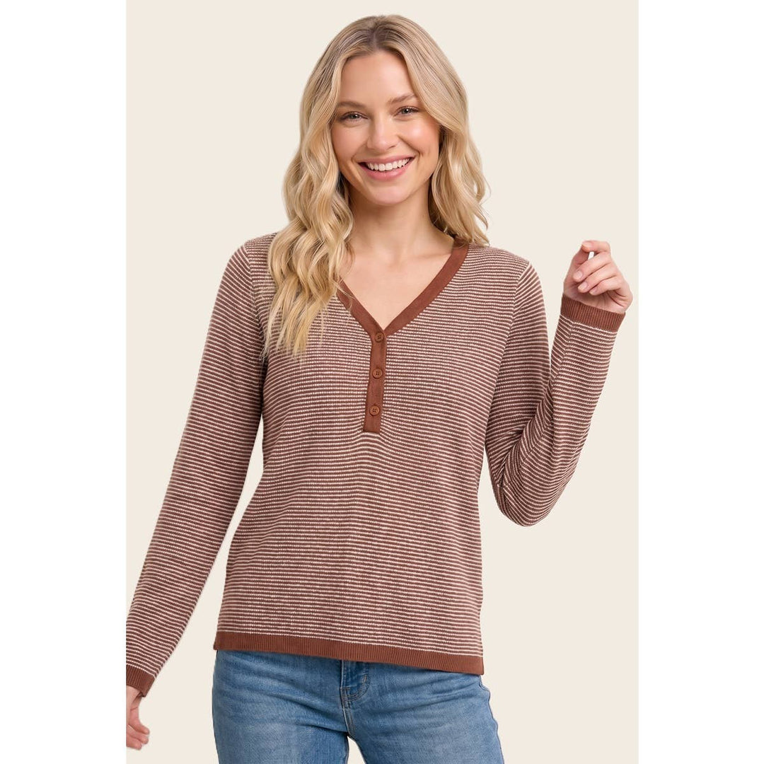 V NENLEY NECK MINI WAFFLE STRIPED TOP