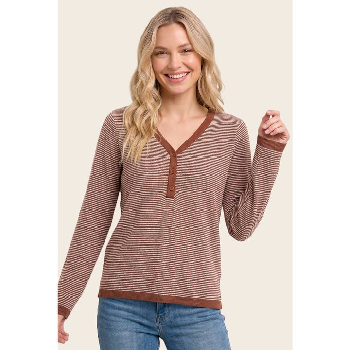 V NENLEY NECK MINI WAFFLE STRIPED TOP