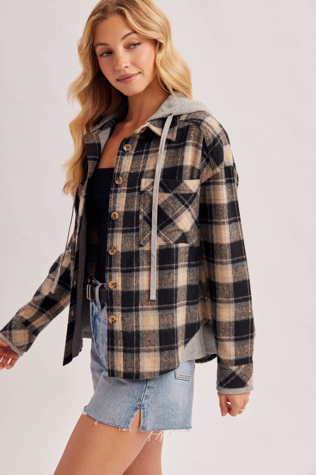 BUTTON DOWN HOODED PLAID SHACKET