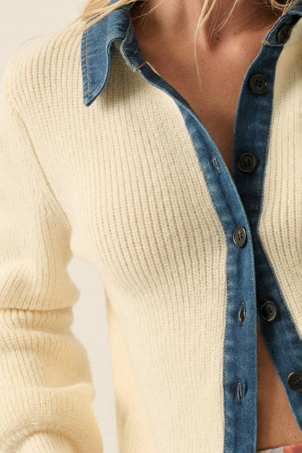 Ribbed Knit and Denim Button-Front Collared Cardigan
