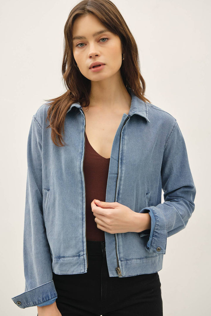 KNIT DENIM CROPPED ZIP UP JACKET