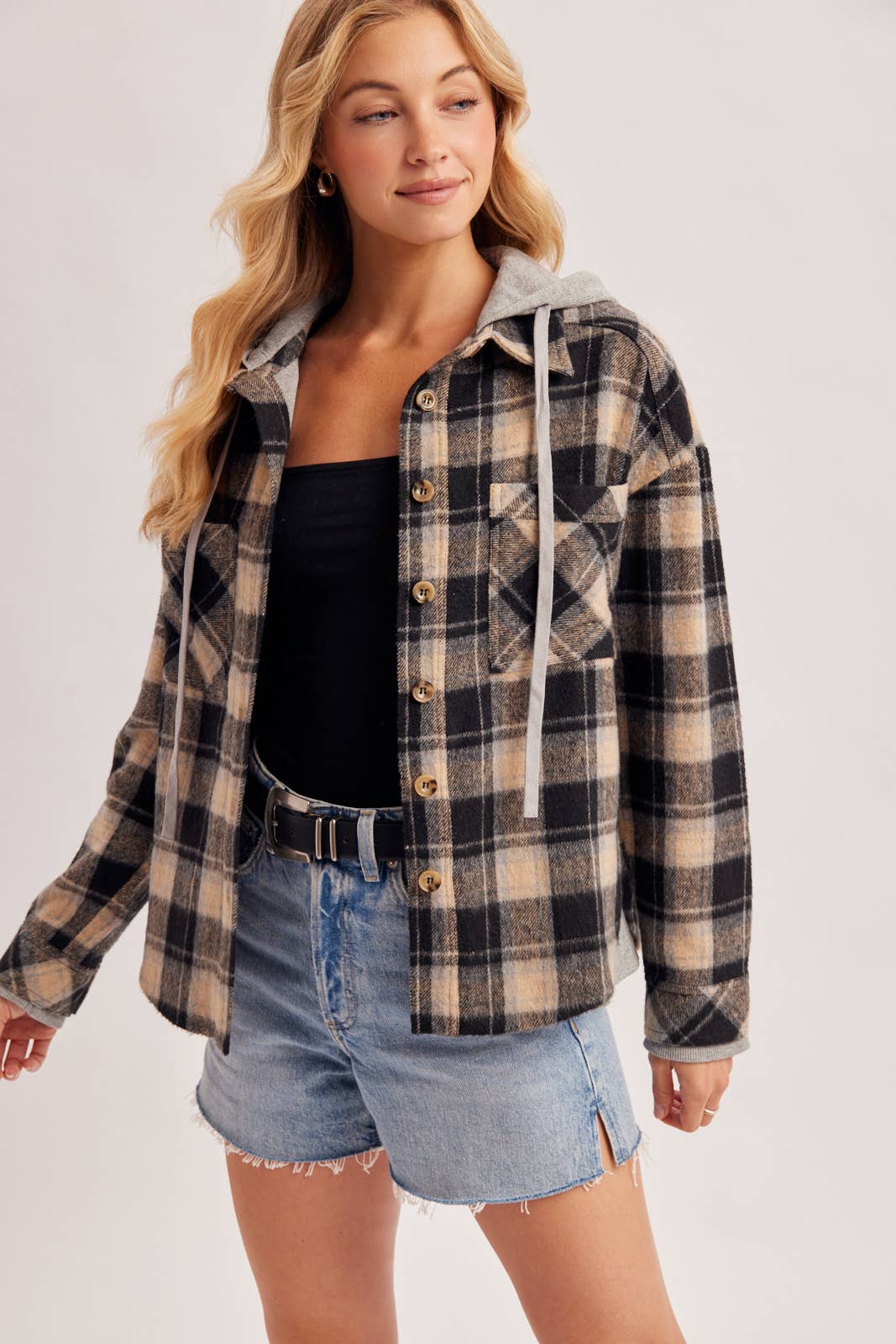 BUTTON DOWN HOODED PLAID SHACKET
