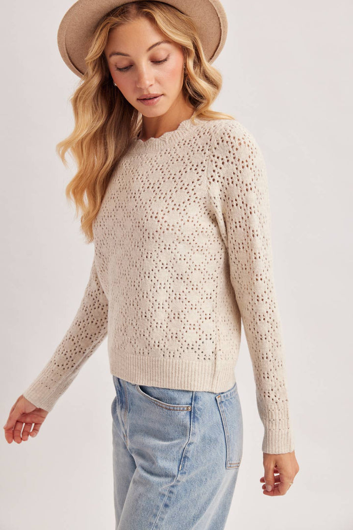 POINTELLE EYELET OPEN KNIT SCALLOPED NECK PULLOVER TOP