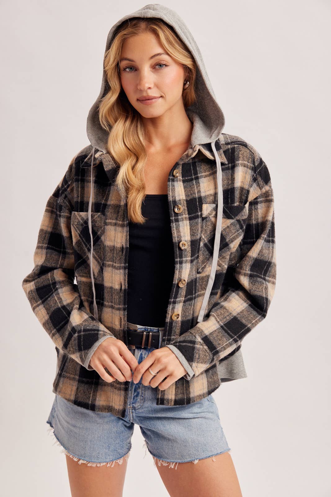 BUTTON DOWN HOODED PLAID SHACKET