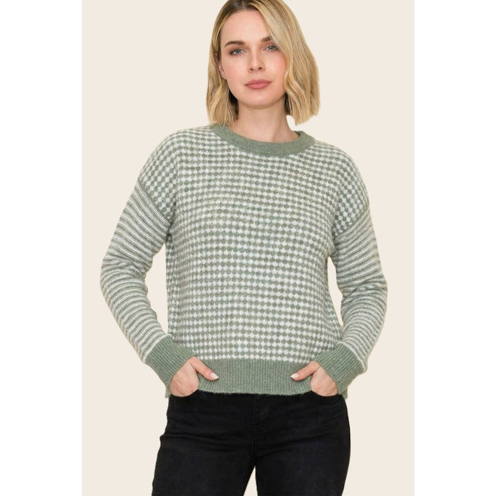 CHECKER BORAD AND STRIPE MIX MEDIA SWEATER