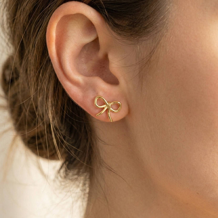 Gold Dipped Wire Ribbon Bow Stud Earrings