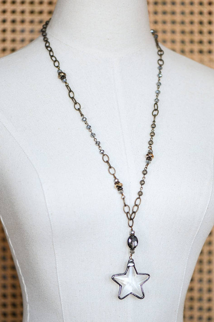 Boho Long Beaded Chain Link Necklace, Glass Crystal Star Pendant - 6299