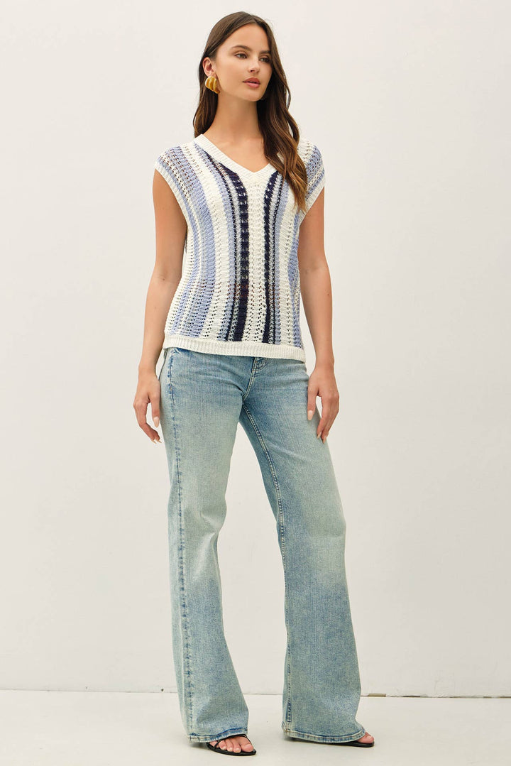 MIXED METALLIC YARN STRIPED HAND CRAFT CROCHET KNIT VEST