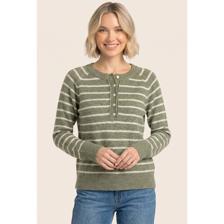 HALF BUTTON STRIPED SWEATER