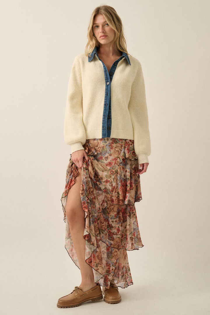 Ribbed Knit and Denim Button-Front Collared Cardigan