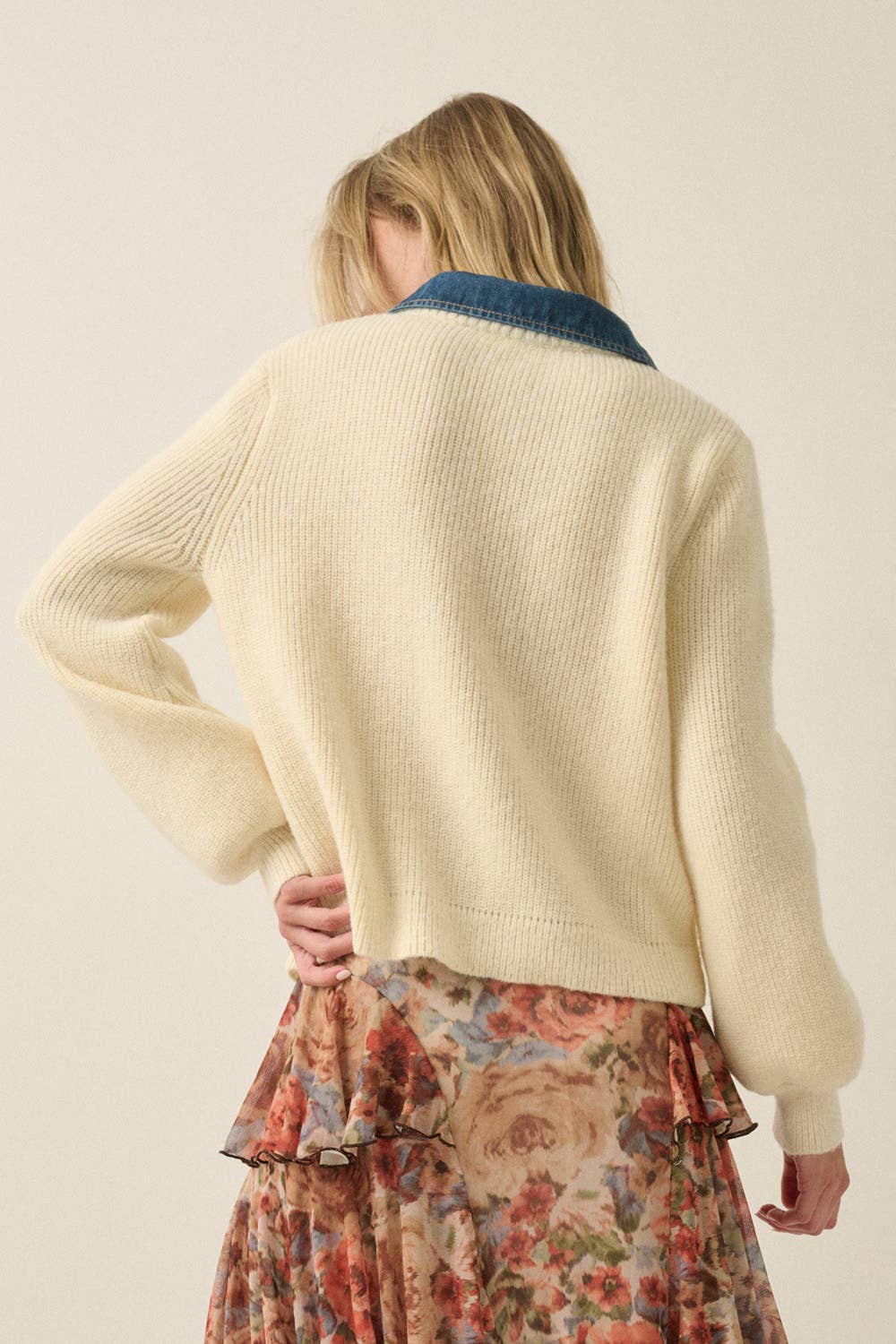 Ribbed Knit and Denim Button-Front Collared Cardigan