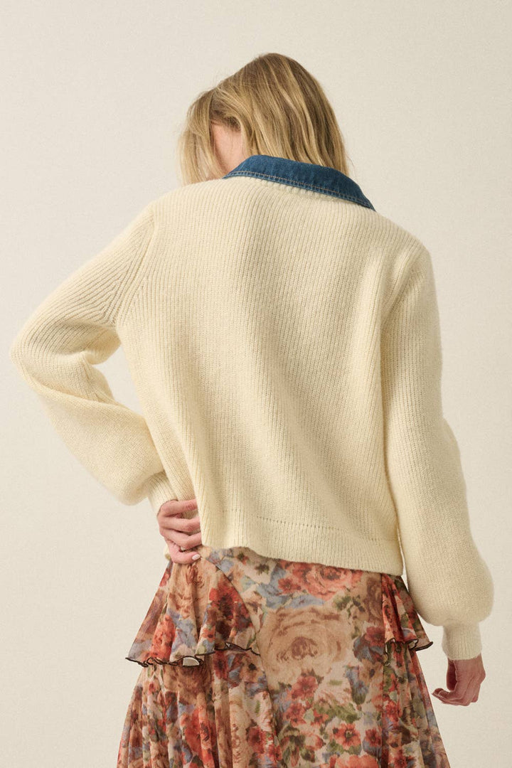 Ribbed Knit and Denim Button-Front Collared Cardigan