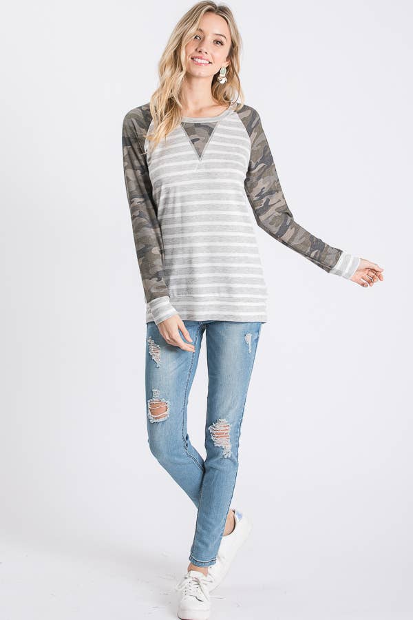 Striped Camo Print Raglan Top