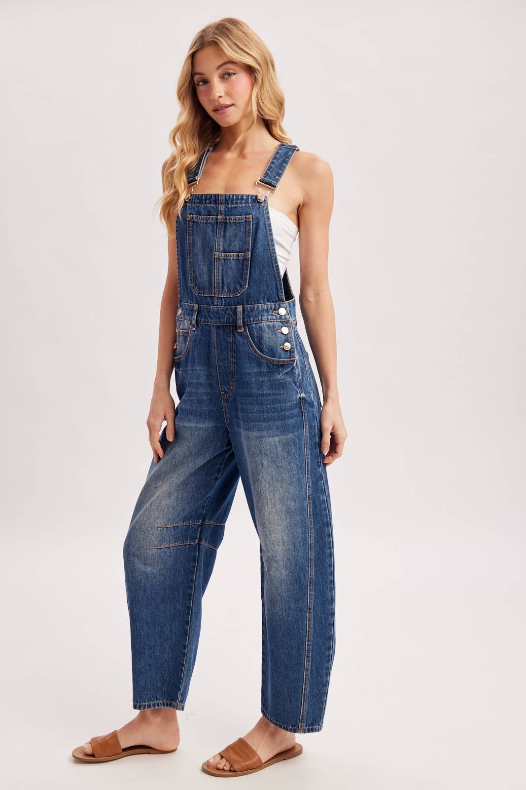 DENIM BARREL OVERALLS: DK.WASH / L