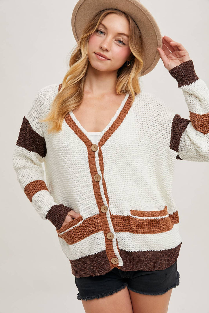 COLOR BLOCK BUTTON DOWN CARDIGAN