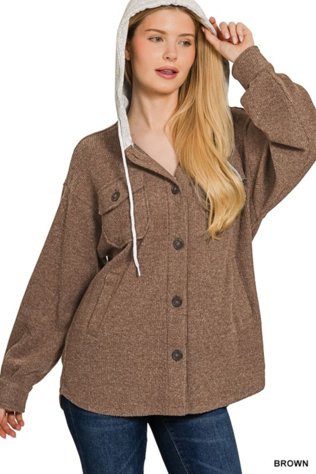 Brushed Ribbed Hooded Button Down