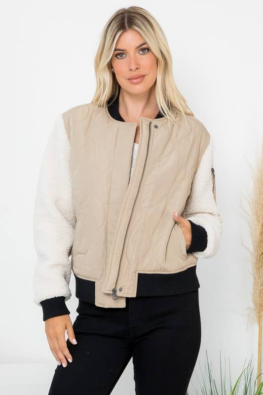 Quilted Bomber With Sherpa Sleeves