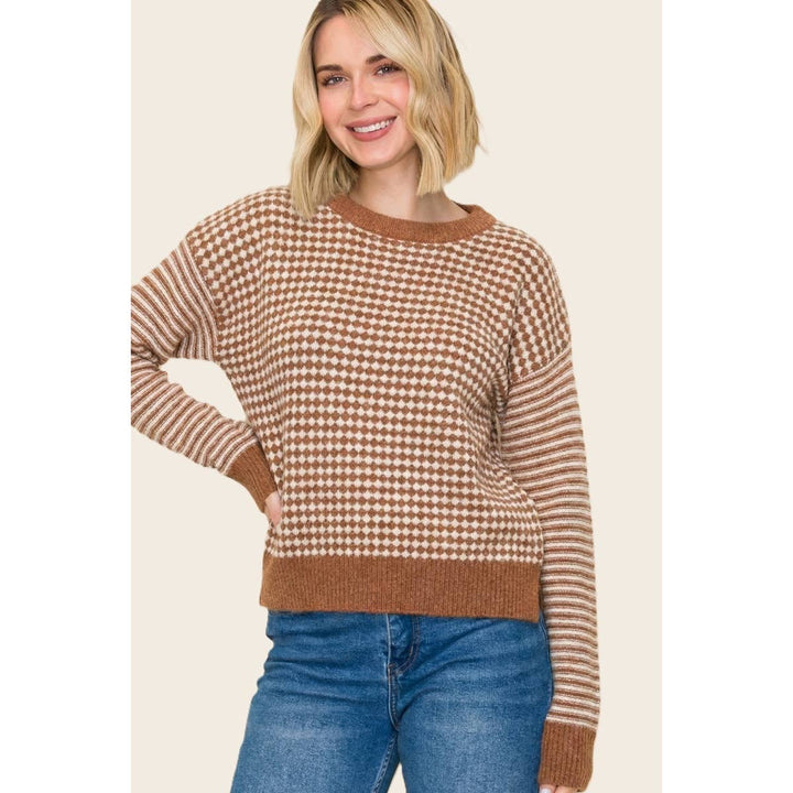 CHECKER BORAD AND STRIPE MIX MEDIA SWEATER