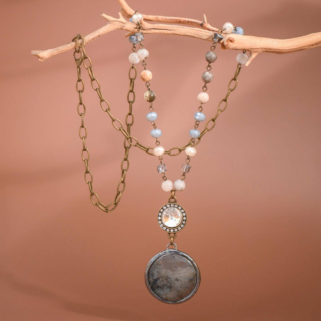 Natural Stone Pendant Beaded Chain Link Necklace - 6466