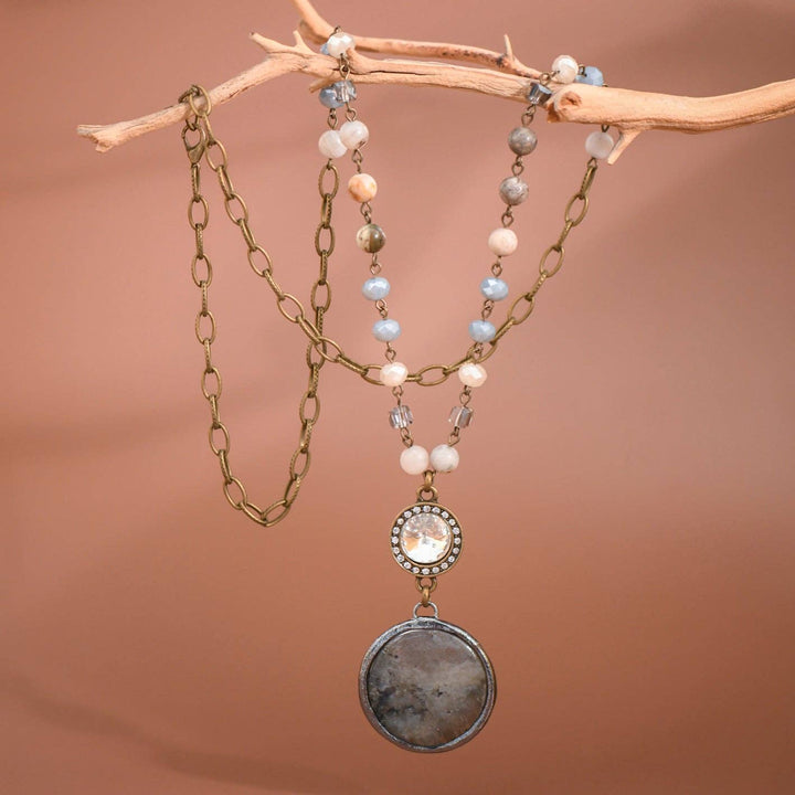 Natural Stone Pendant Beaded Chain Link Necklace - 6466