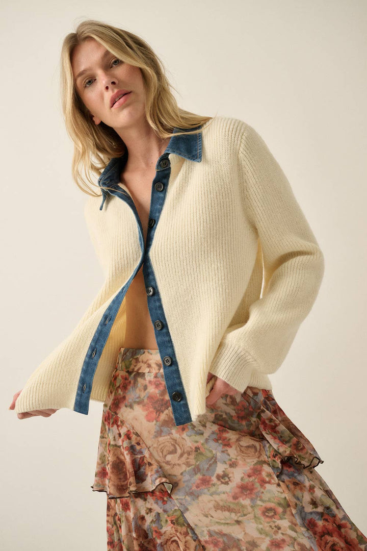 Ribbed Knit and Denim Button-Front Collared Cardigan