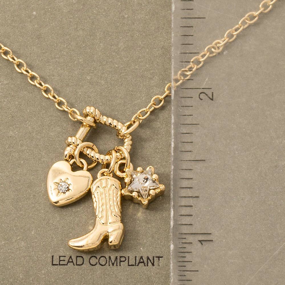 Western Cowboy Boot And Heart Charms Chain Necklace