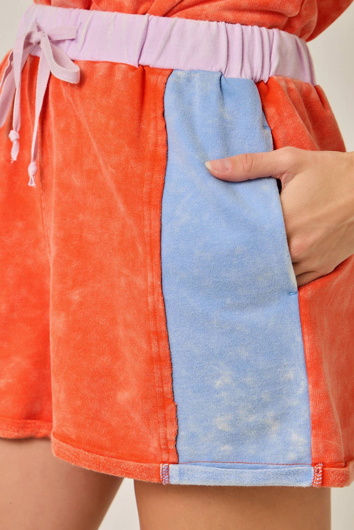 Washed Color Block Terry Shorts