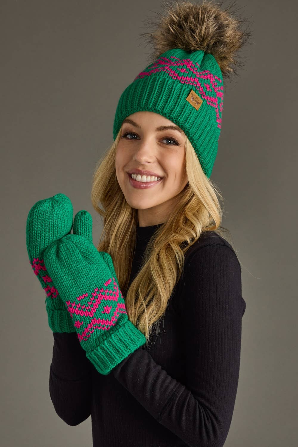 Green & Speckled Patterned Pom Hat