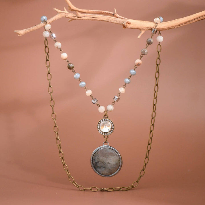 Natural Stone Pendant Beaded Chain Link Necklace - 6466
