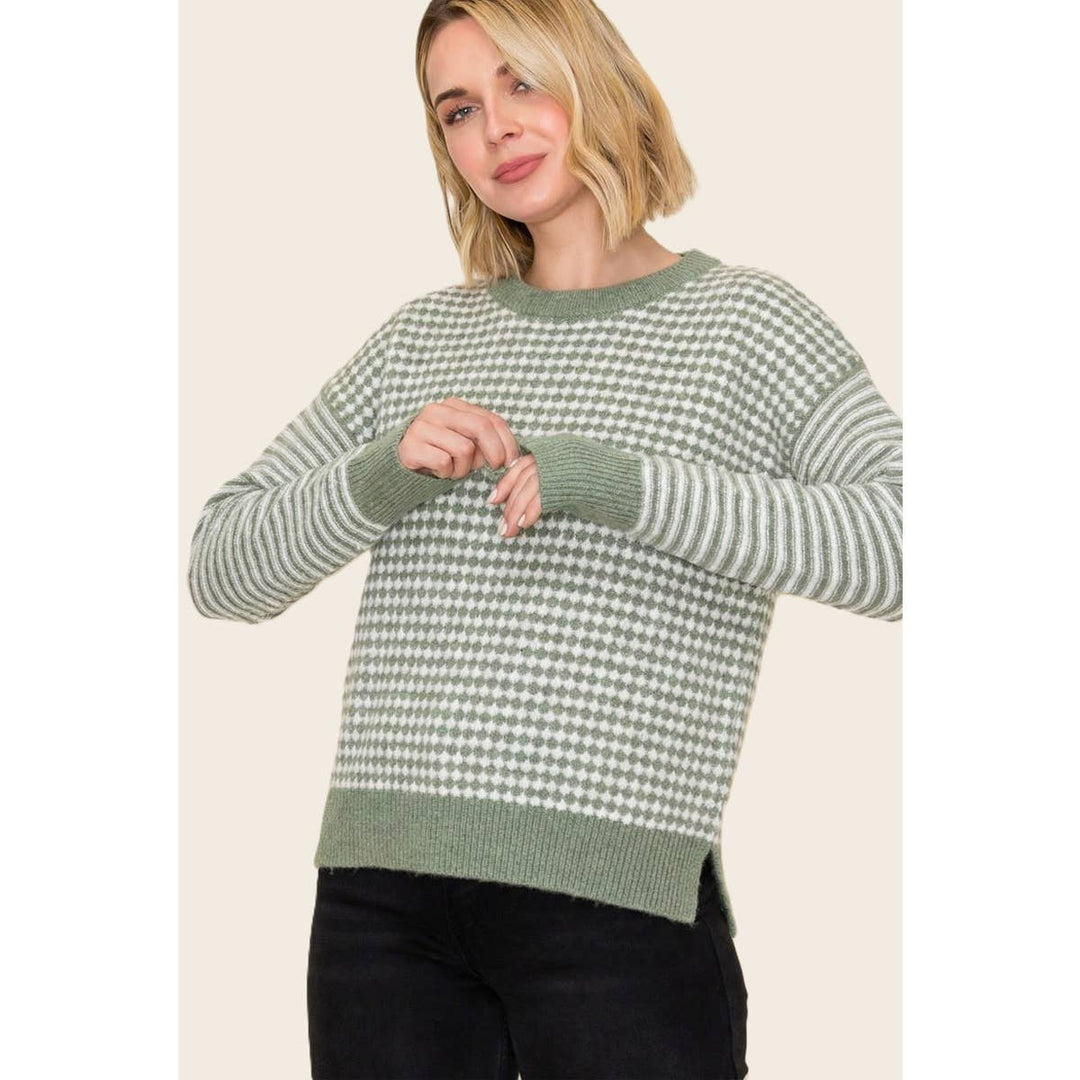 CHECKER BORAD AND STRIPE MIX MEDIA SWEATER