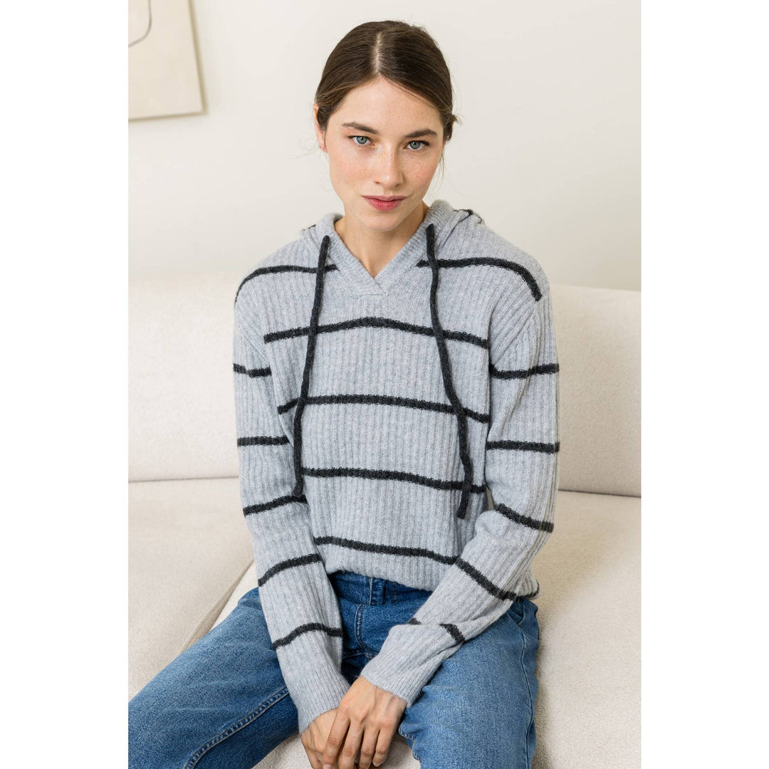 Striped Hooded Drawstring Sweater