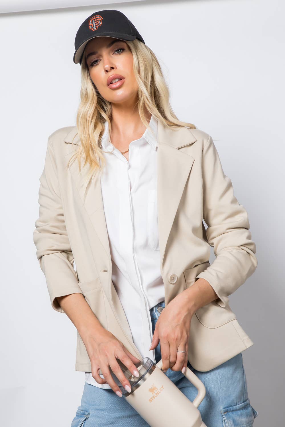 Ponte One Button Front /w Patch Pocket Blazer: Sage / S