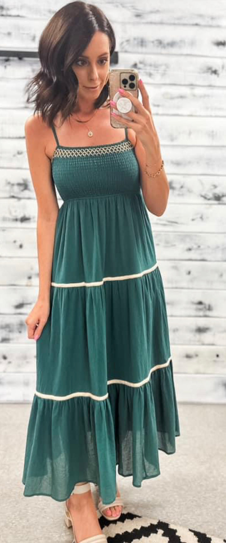 Deep Jade Smocked Maxi W/Natural Trim