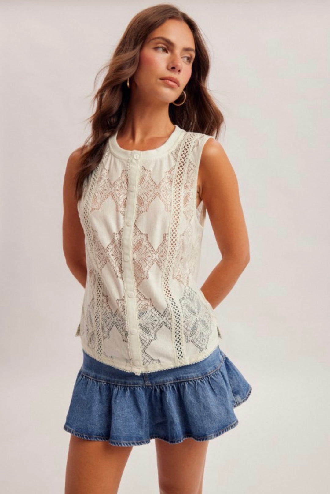 Sheer Lace Button Down Top
